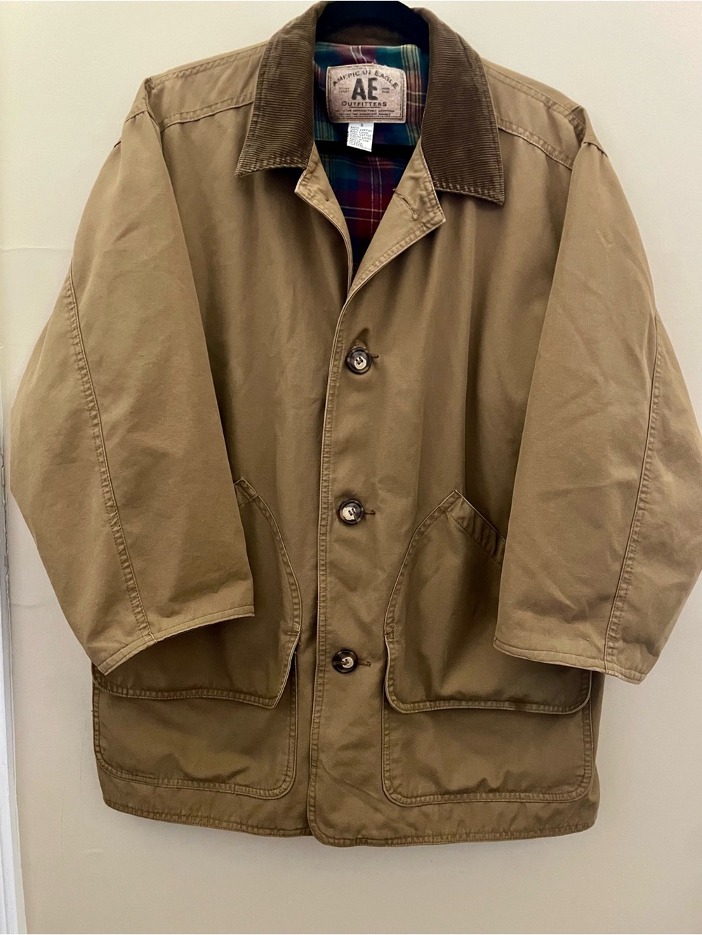 Vintage American Eagle Canvas Barn Coat Plaid Flannel Lined Chore Jacket Men's S